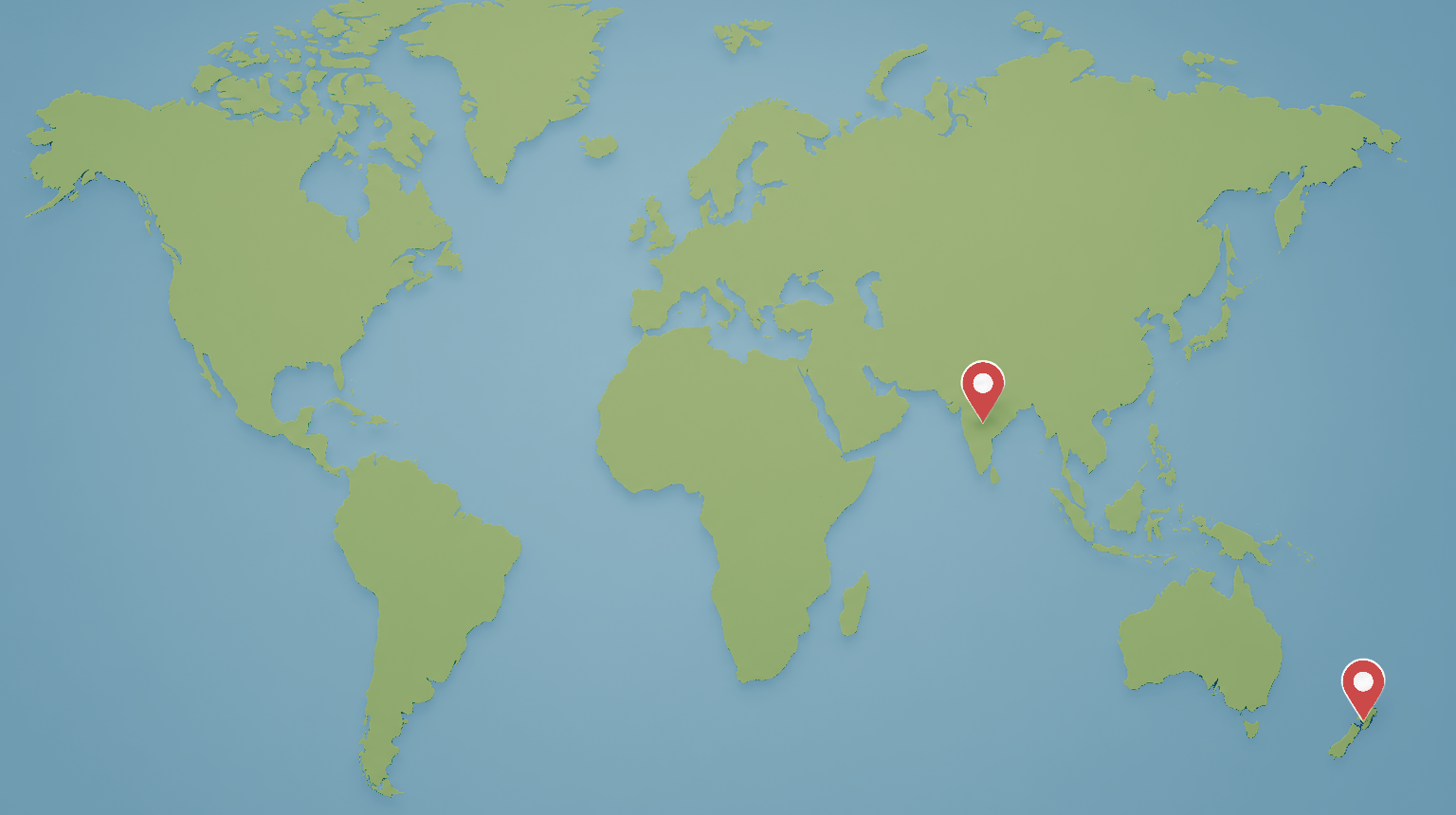 World map showing WinPayTech office location pins in Hyderabad, India and Auckland, New Zealand